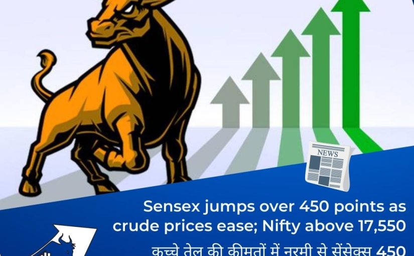 Sensex jumps over 450 points as crude prices ease; Nifty above 17,550 UPDATE BY www.hectorcommodity.com (CALL: 8439677004/ 8755878899)